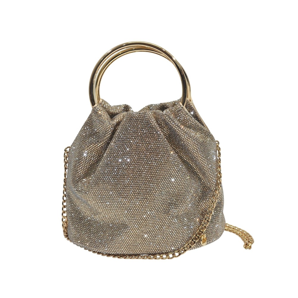Olga Berg Mabel Crystal Top Handle Bag Crystal Pouch Evening Gold Chain Strap